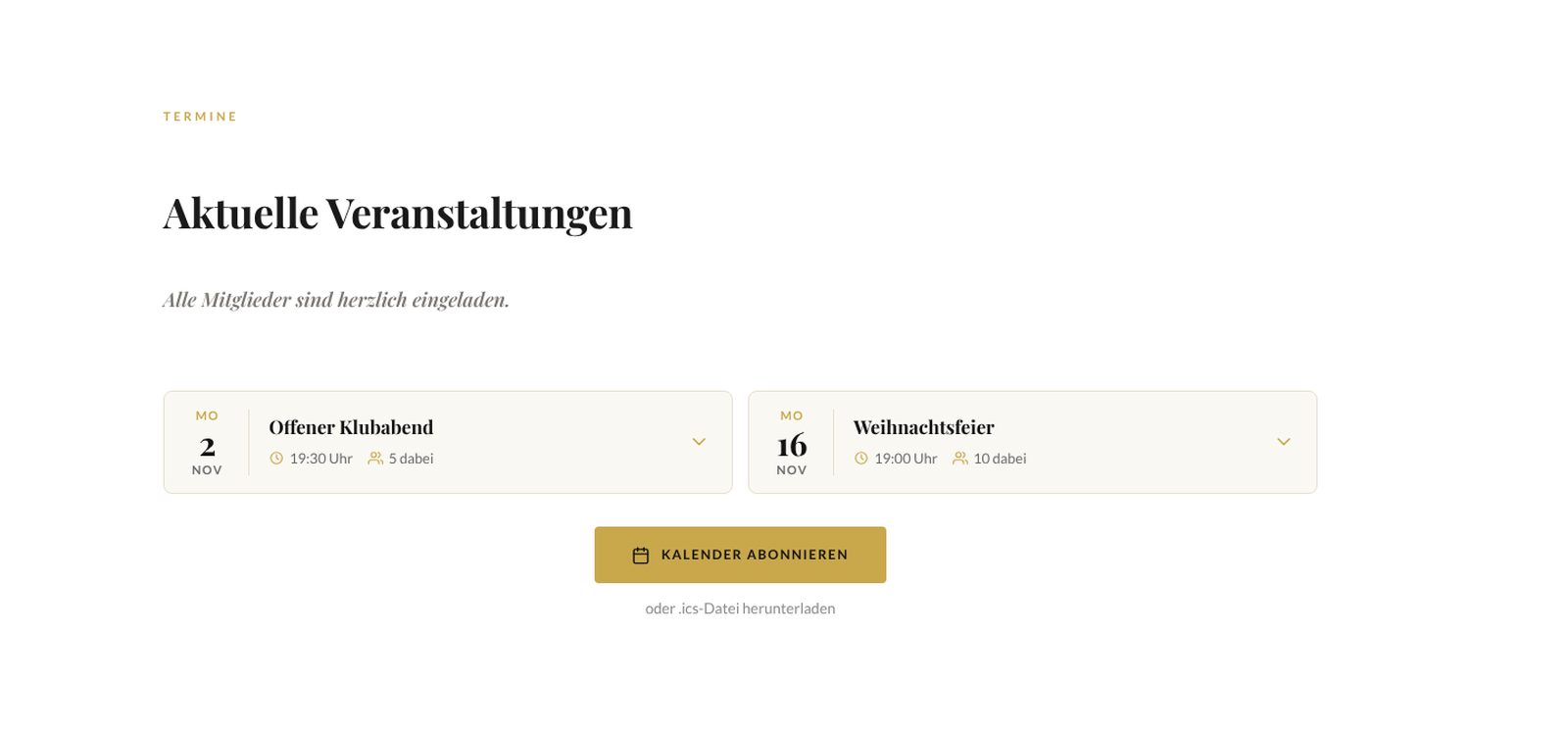 Terminliste mit Offenem Klubabend und Weihnachtsfeier samt Teilnehmerzahl